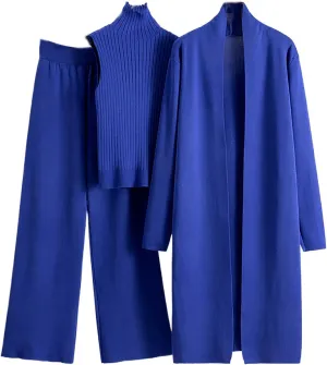 Winter 3 Piece Knit Lounge Outfits for Women Long Sleeve Maxi Cardigan Soft Sweater Vests and Wide Leg Lounge Pants