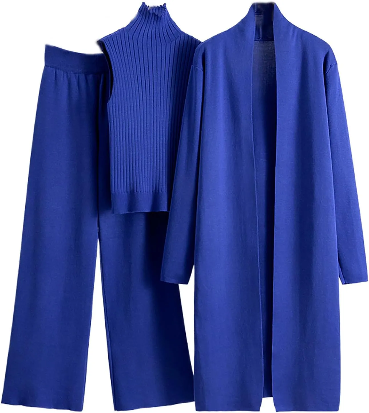 Winter 3 Piece Knit Lounge Outfits for Women Long Sleeve Maxi Cardigan Soft Sweater Vests and Wide Leg Lounge Pants