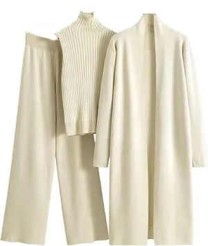 Winter 3 Piece Knit Lounge Outfits for Women Long Sleeve Maxi Cardigan Soft Sweater Vests and Wide Leg Lounge Pants