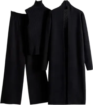 Winter 3 Piece Knit Lounge Outfits for Women Long Sleeve Maxi Cardigan Soft Sweater Vests and Wide Leg Lounge Pants