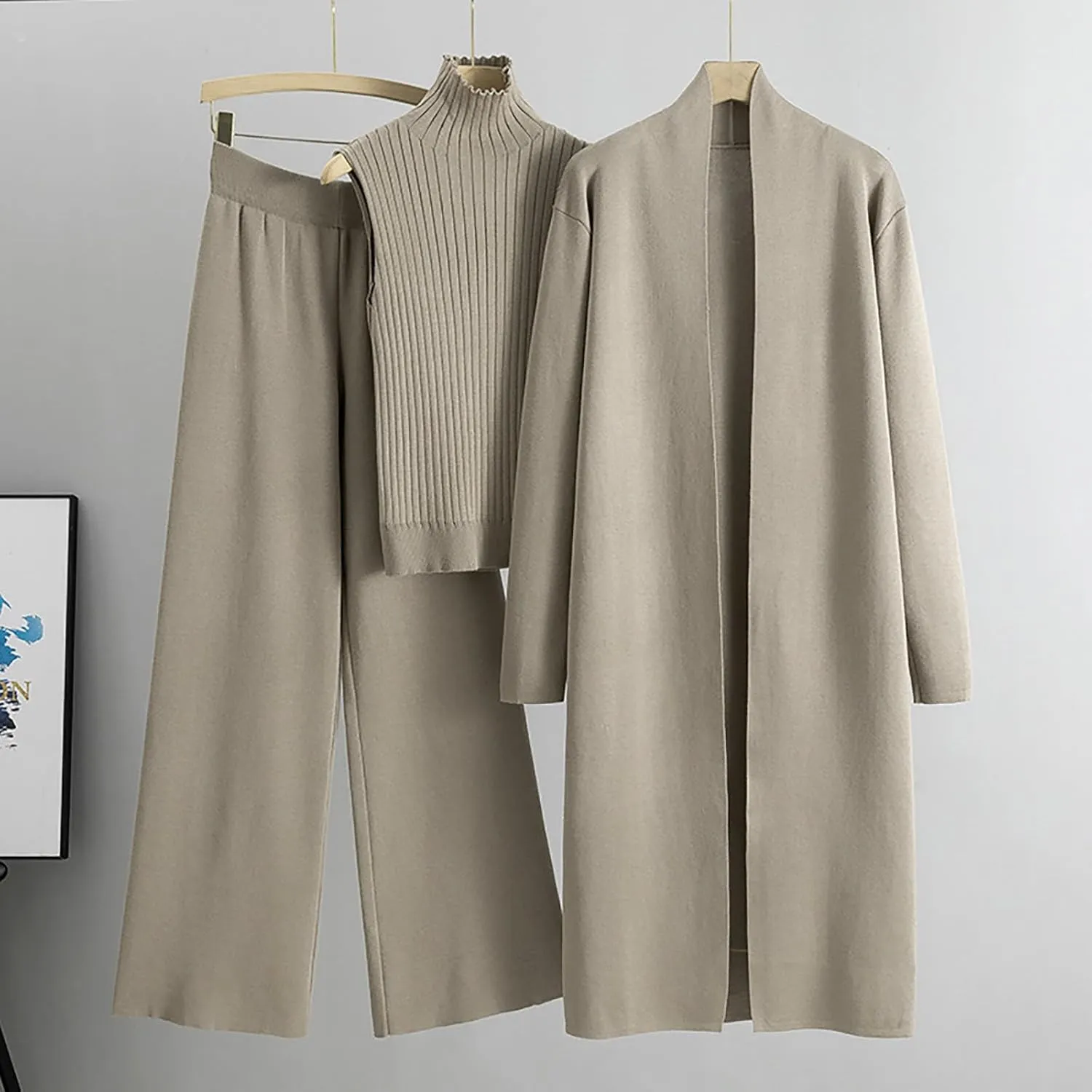 Winter 3 Piece Knit Lounge Outfits for Women Long Sleeve Maxi Cardigan Soft Sweater Vests and Wide Leg Lounge Pants