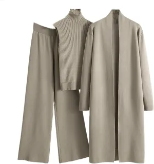 Winter 3 Piece Knit Lounge Outfits for Women Long Sleeve Maxi Cardigan Soft Sweater Vests and Wide Leg Lounge Pants