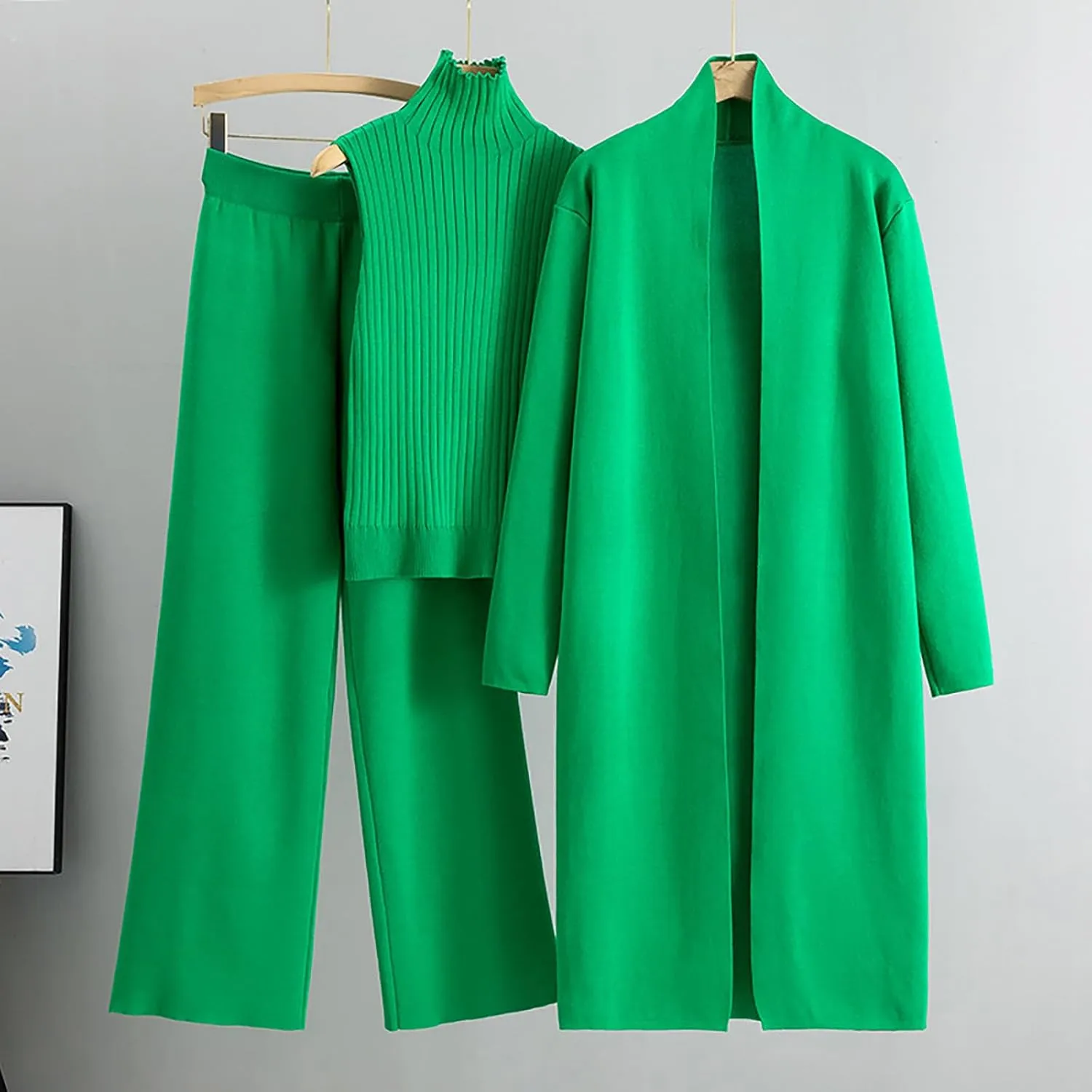 Winter 3 Piece Knit Lounge Outfits for Women Long Sleeve Maxi Cardigan Soft Sweater Vests and Wide Leg Lounge Pants