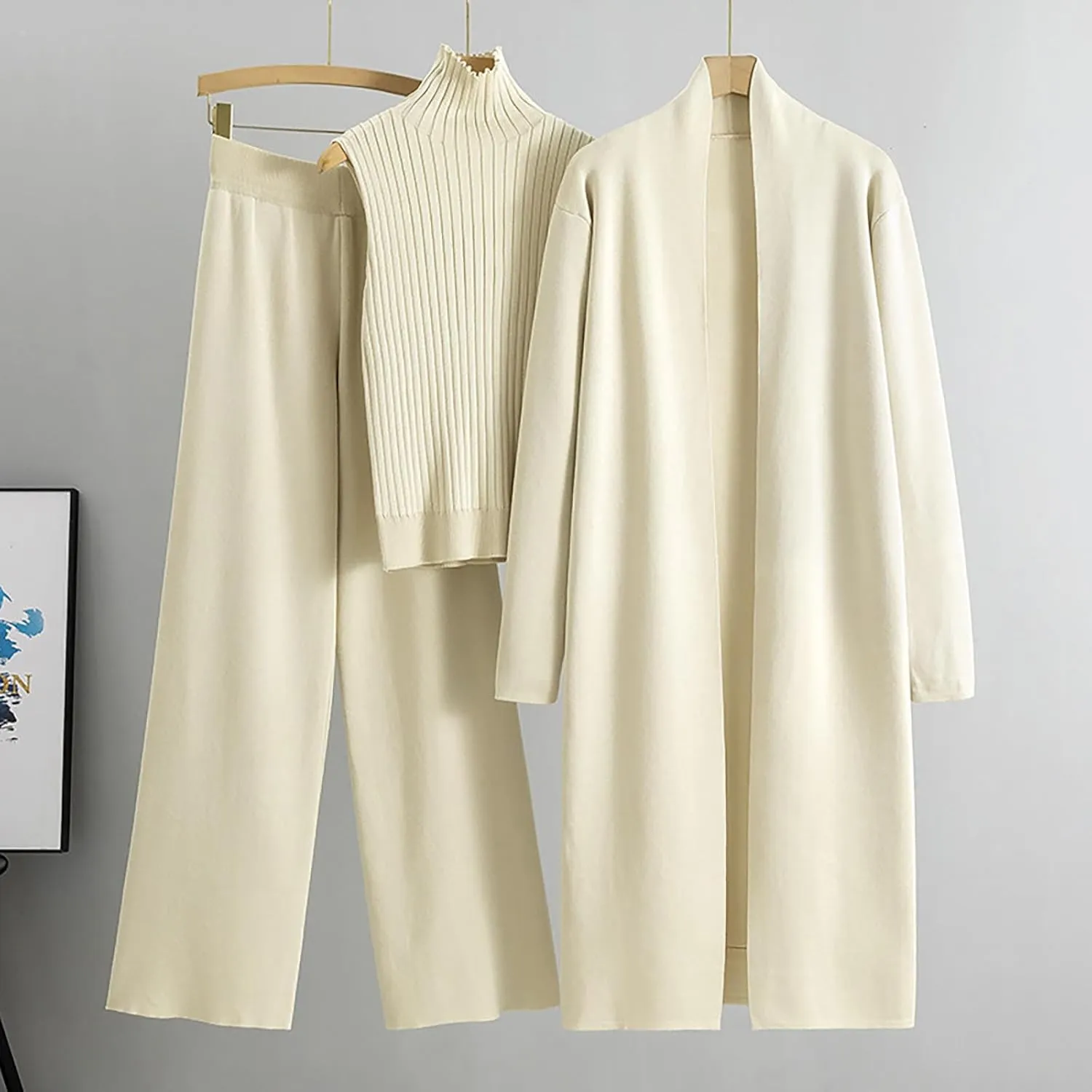 Winter 3 Piece Knit Lounge Outfits for Women Long Sleeve Maxi Cardigan Soft Sweater Vests and Wide Leg Lounge Pants