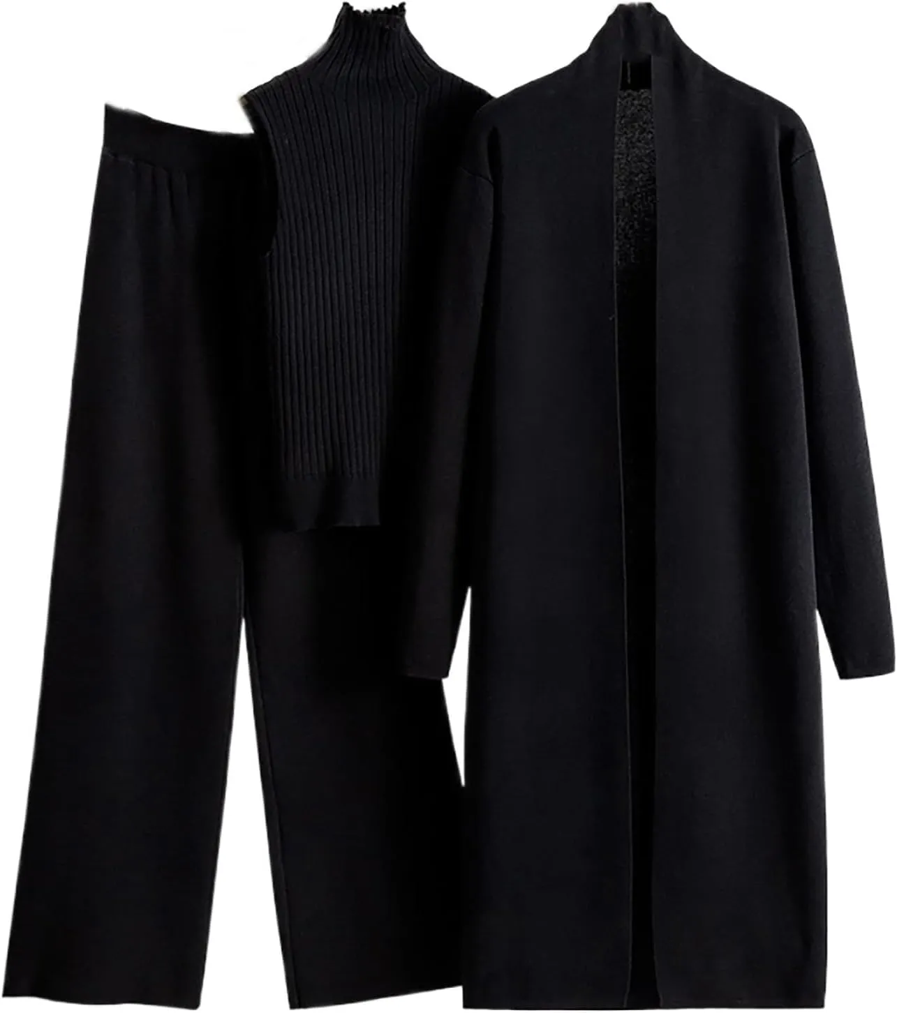 Winter 3 Piece Knit Lounge Outfits for Women Long Sleeve Maxi Cardigan Soft Sweater Vests and Wide Leg Lounge Pants