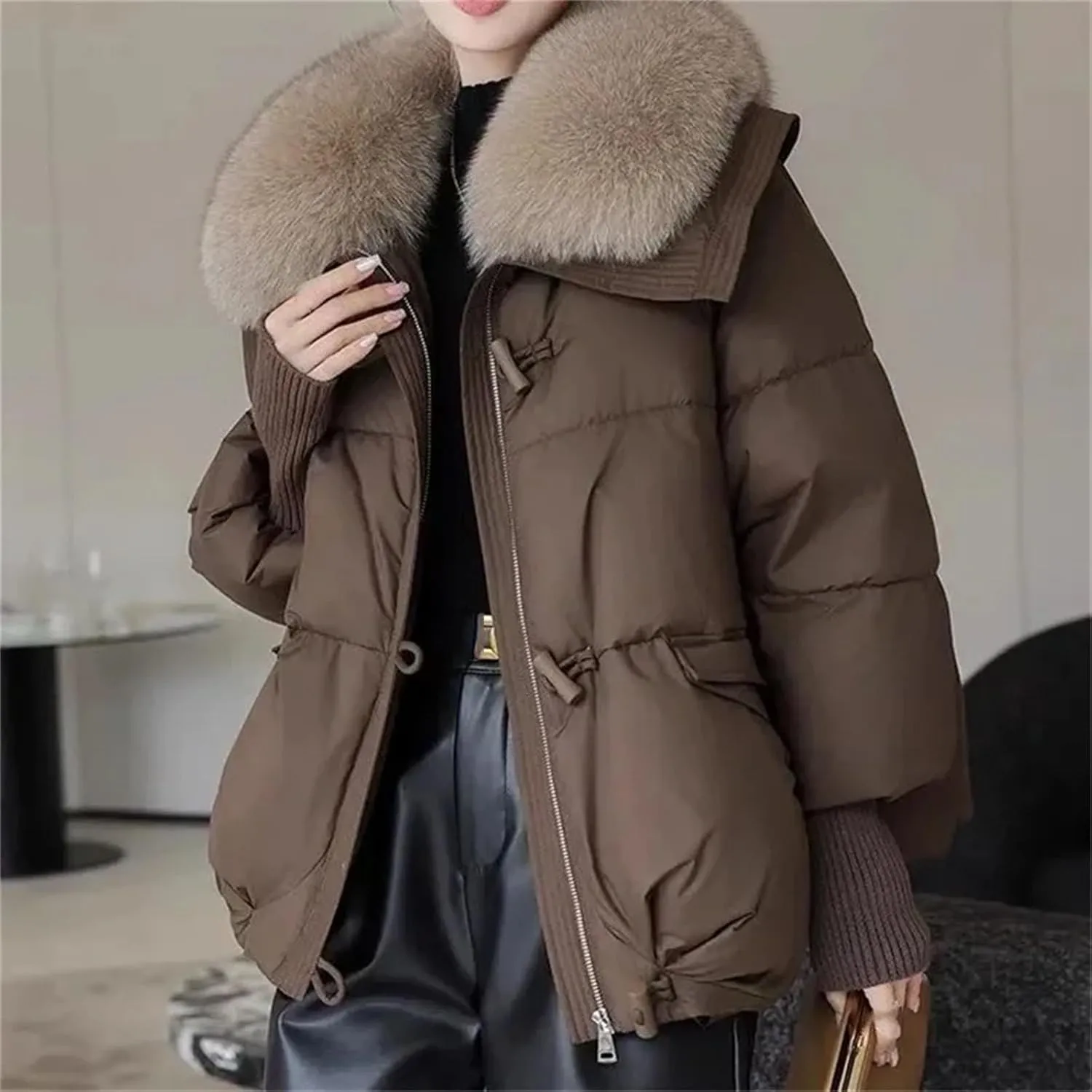 Winter Down Jacket Women Parkas Short Cotton Padded Jackets Loose Cotton Coat Female Big Wool Collar Outwear Thick Tops
