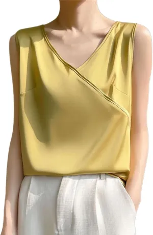 Women Artificial Silk Satin Thin V-Neck Tank Tops Collar Smooth Camisole Basic Model Silky Camis