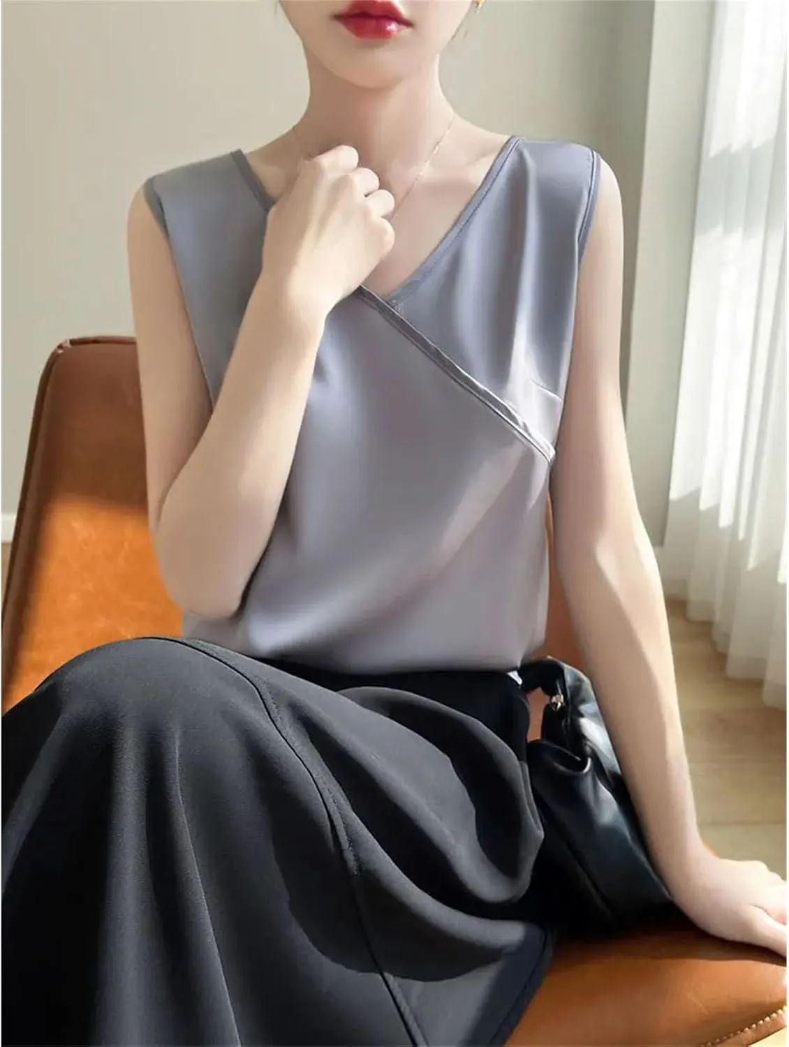 Women Artificial Silk Satin Thin V-Neck Tank Tops Collar Smooth Camisole Basic Model Silky Camis