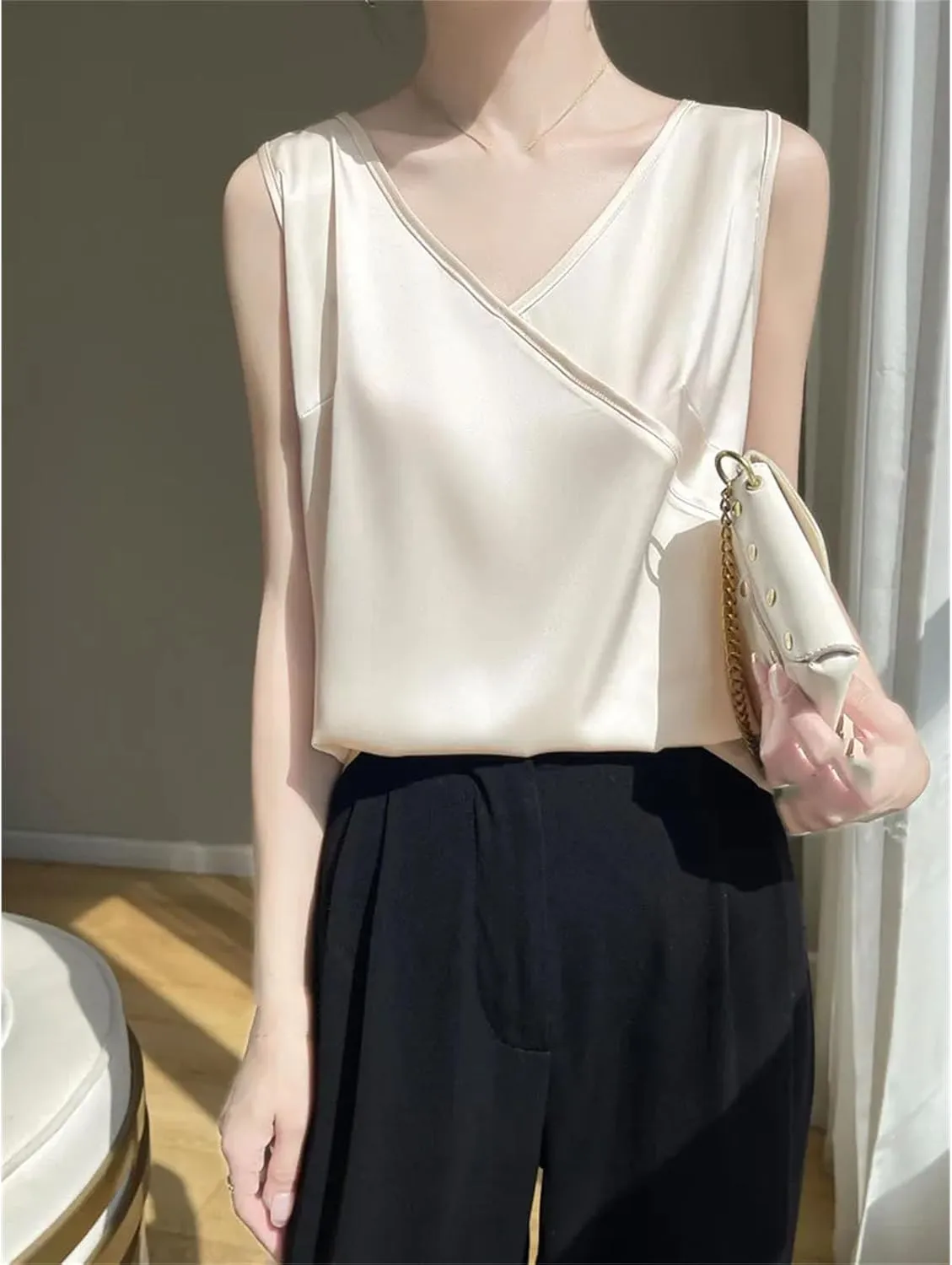 Women Artificial Silk Satin Thin V-Neck Tank Tops Collar Smooth Camisole Basic Model Silky Camis