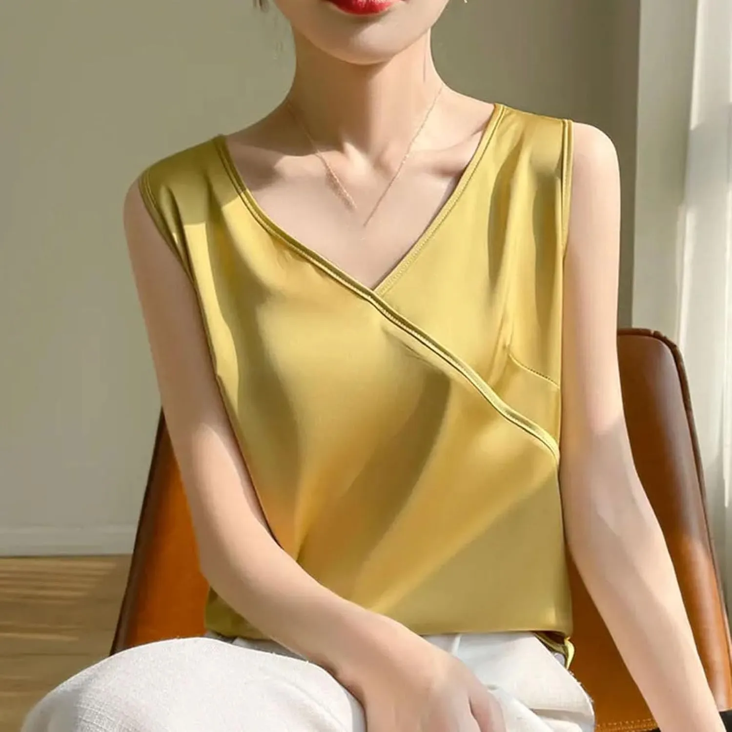 Women Artificial Silk Satin Thin V-Neck Tank Tops Collar Smooth Camisole Basic Model Silky Camis