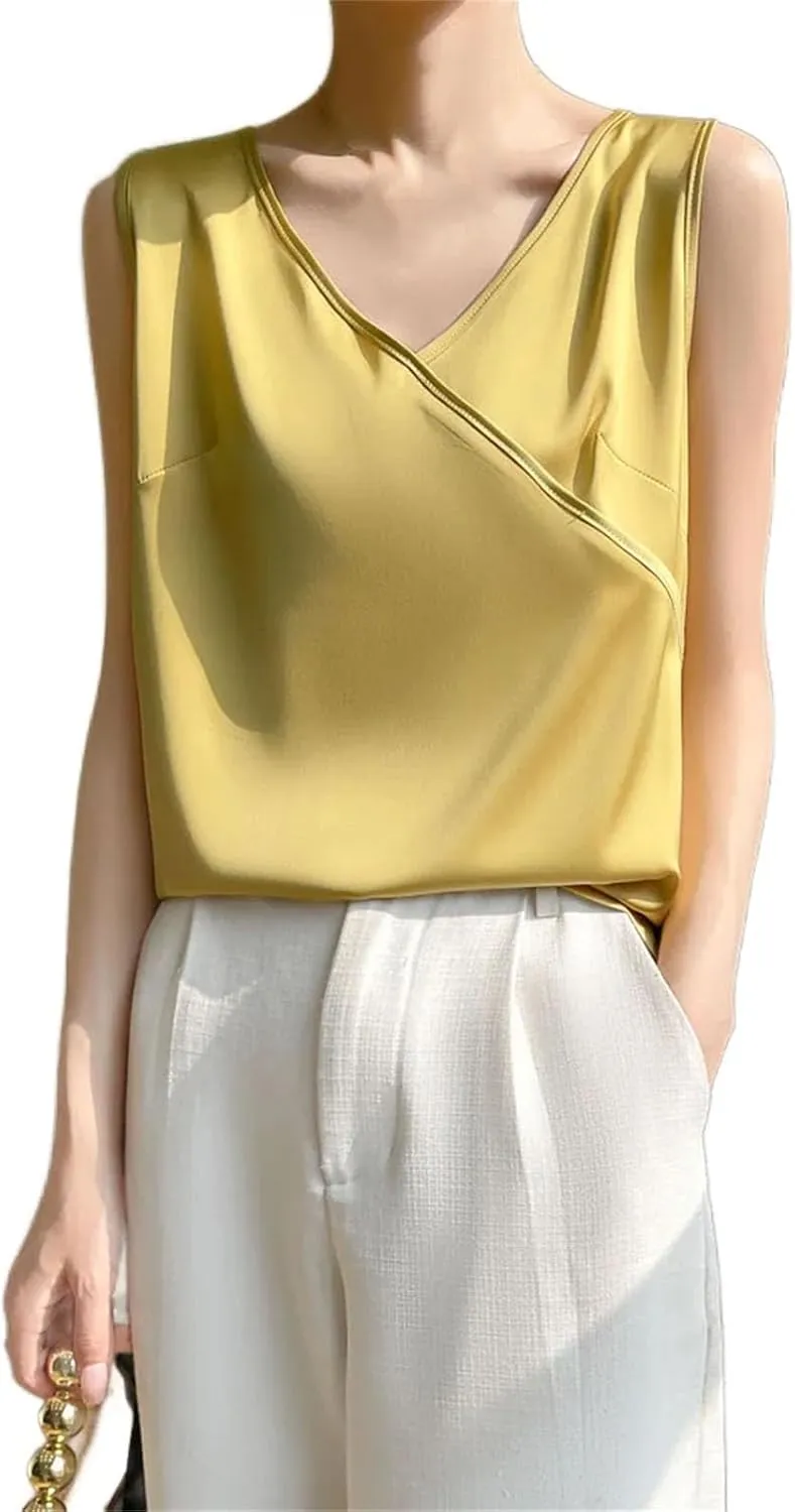 Women Artificial Silk Satin Thin V-Neck Tank Tops Collar Smooth Camisole Basic Model Silky Camis