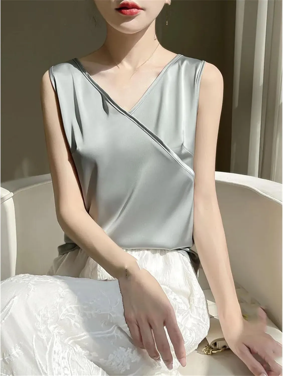 Women Artificial Silk Satin Thin V-Neck Tank Tops Collar Smooth Camisole Basic Model Silky Camis