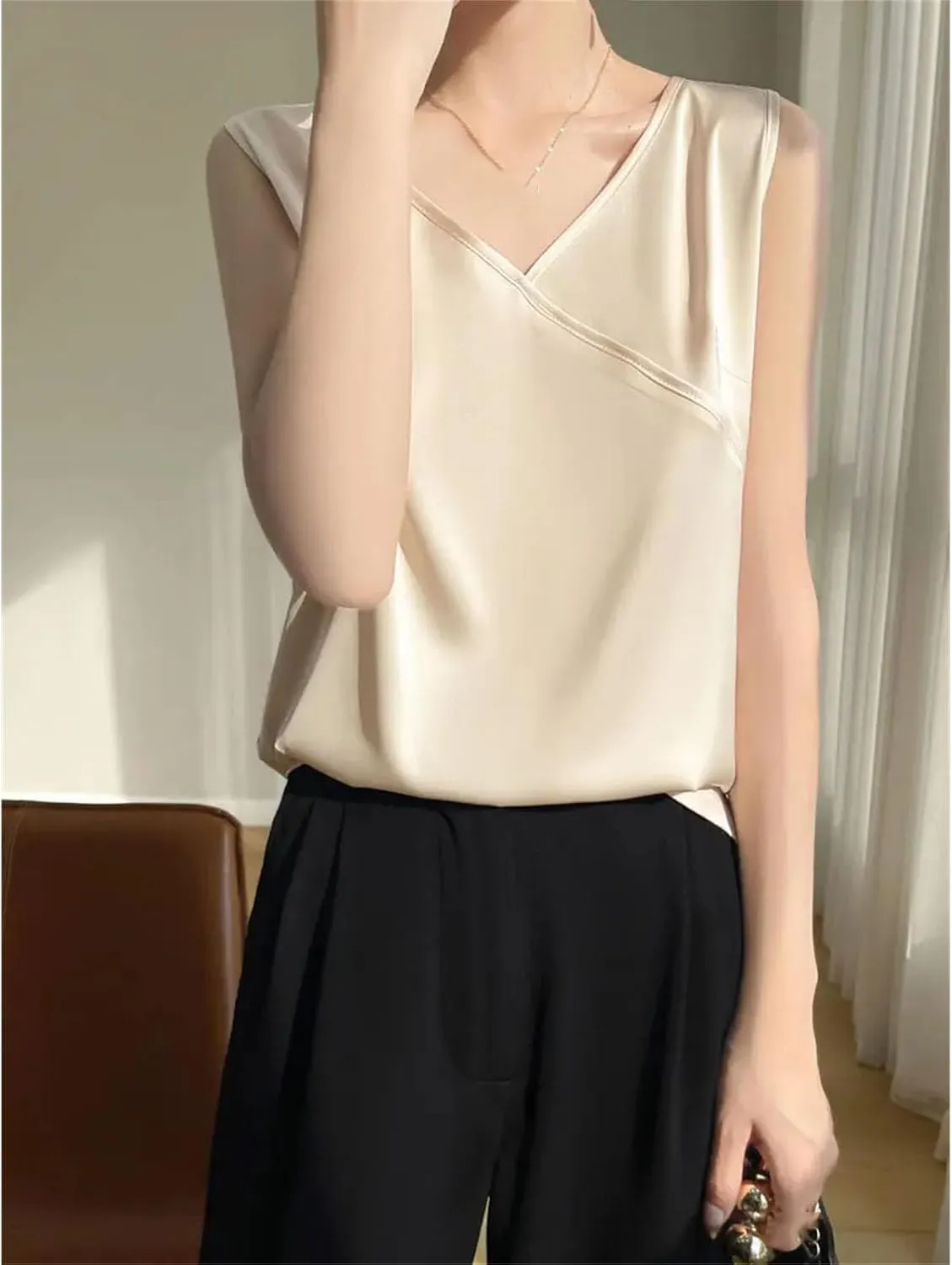 Women Artificial Silk Satin Thin V-Neck Tank Tops Collar Smooth Camisole Basic Model Silky Camis
