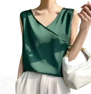 Women Artificial Silk Satin Thin V-Neck Tank Tops Collar Smooth Camisole Basic Model Silky Camis