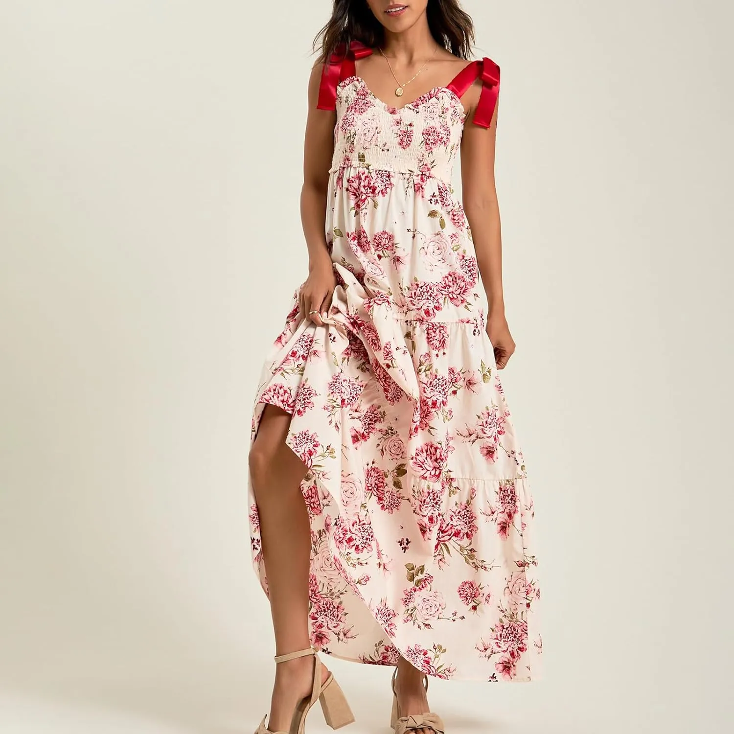 Women Boho Tie Shoulder Maxi Dress Y2k Floral Sleeveless Smocked Long Flowy Dress Tiered Summer Beach Sundress