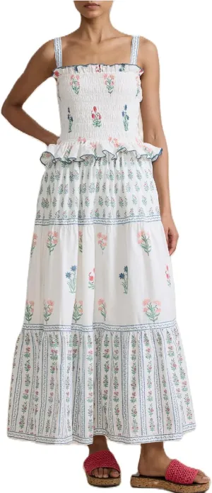 Women Boho Tie Shoulder Maxi Dress Y2k Floral Sleeveless Smocked Long Flowy Dress Tiered Summer Beach Sundress