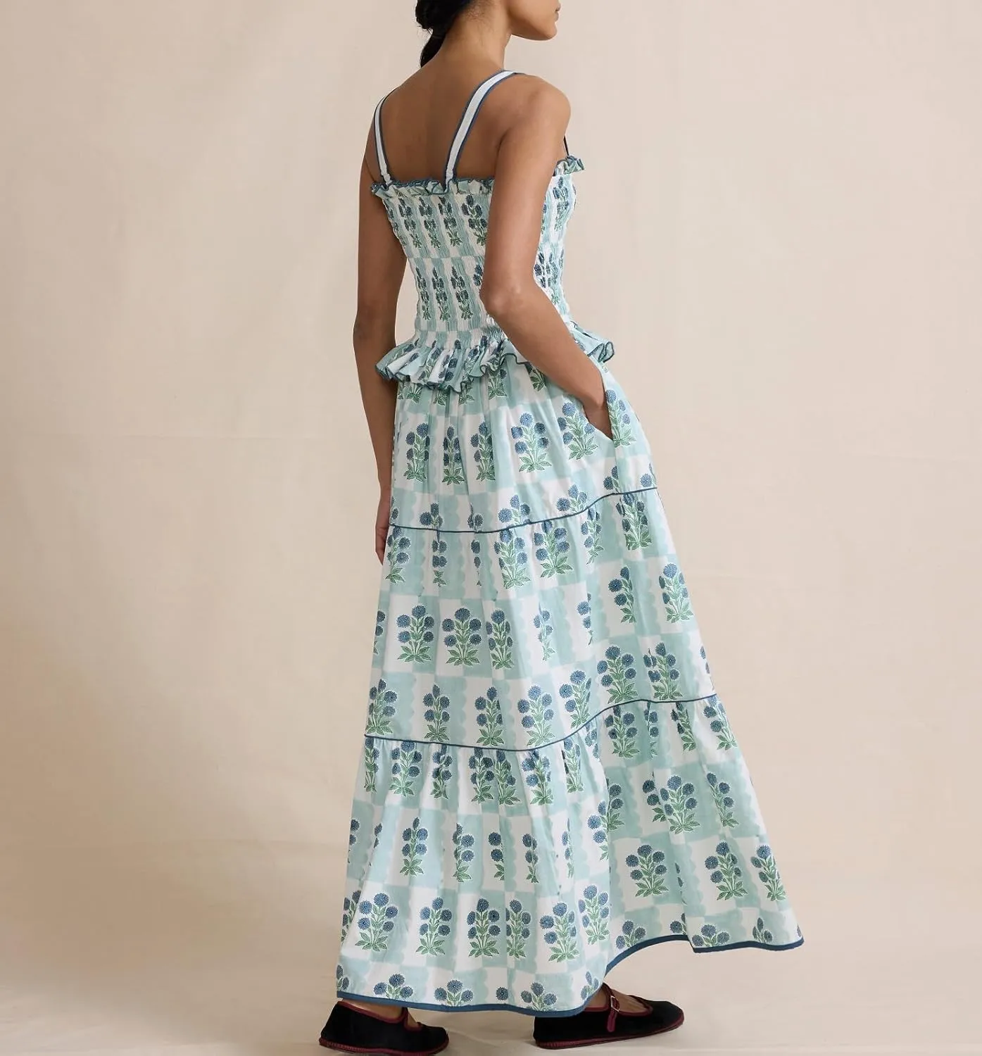 Women Boho Tie Shoulder Maxi Dress Y2k Floral Sleeveless Smocked Long Flowy Dress Tiered Summer Beach Sundress