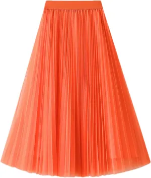 Women High Waist Midi Long Thin A-Line Mesh Pleated Skirts