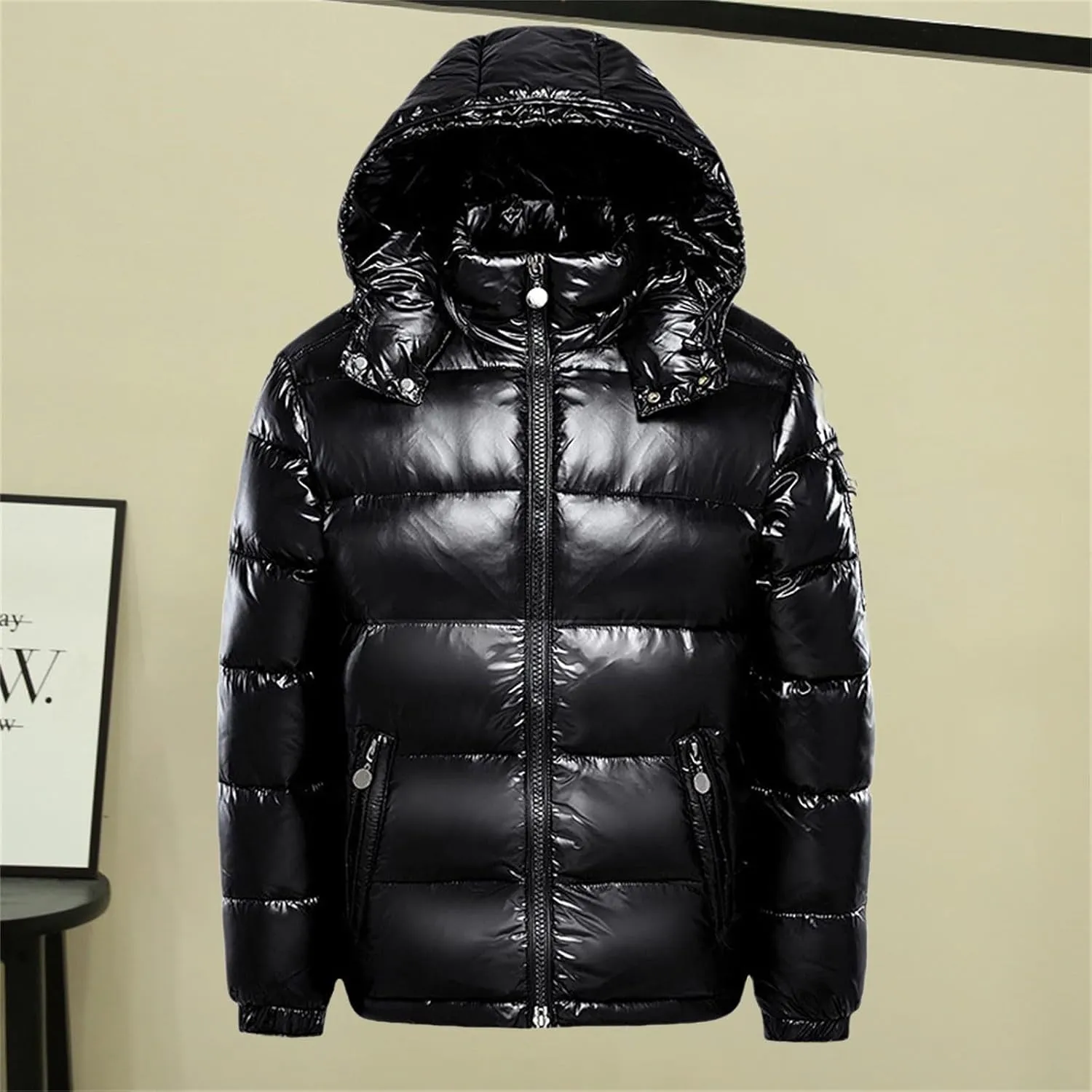 Women Metallic Down Jacket Removable Hood Quilted Zip Long Sleeve Parka Jacket Warm Windproof Puffer Jacket Plus Size