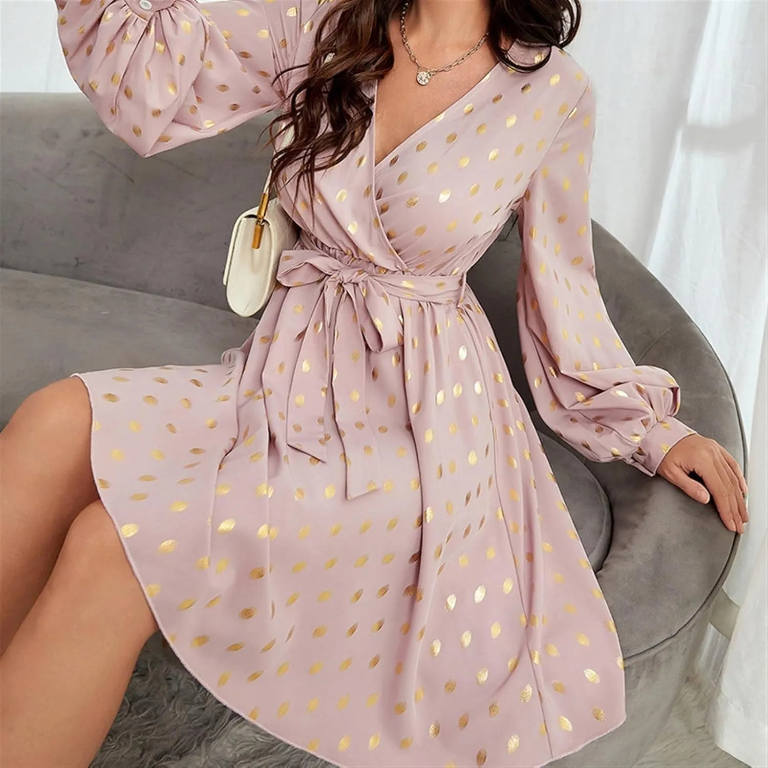 Women's Autumn Dresses Women's Deep V Neck Ruffle Floral Flowy Mini Dress(Small)