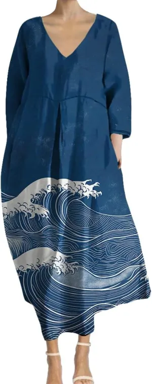 Womens Boho Floral Plus Size Midi Dresses Casual 3/4 Sleeve V Neck Dress Flowy Spring Summer Dresses with Pockets