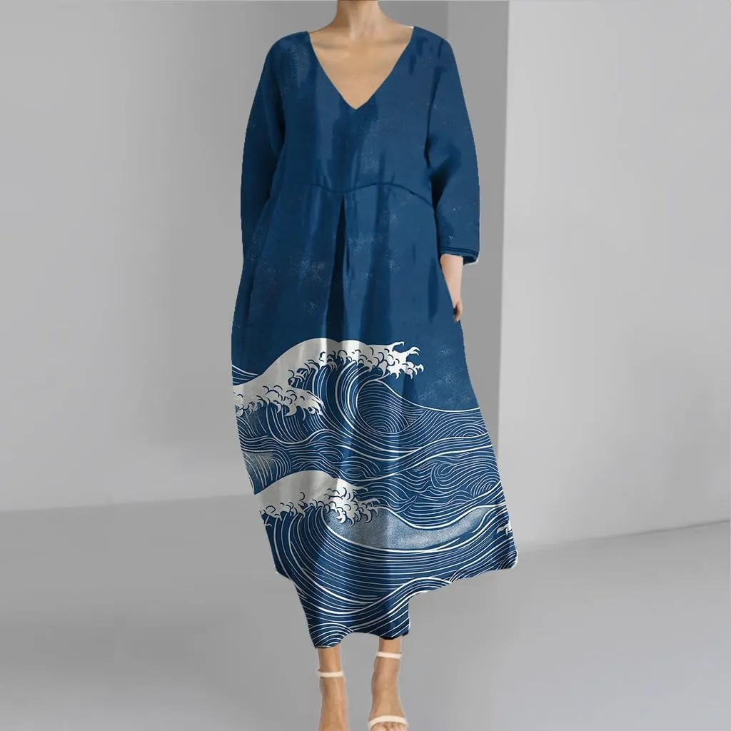 Womens Boho Floral Plus Size Midi Dresses Casual 3/4 Sleeve V Neck Dress Flowy Spring Summer Dresses with Pockets