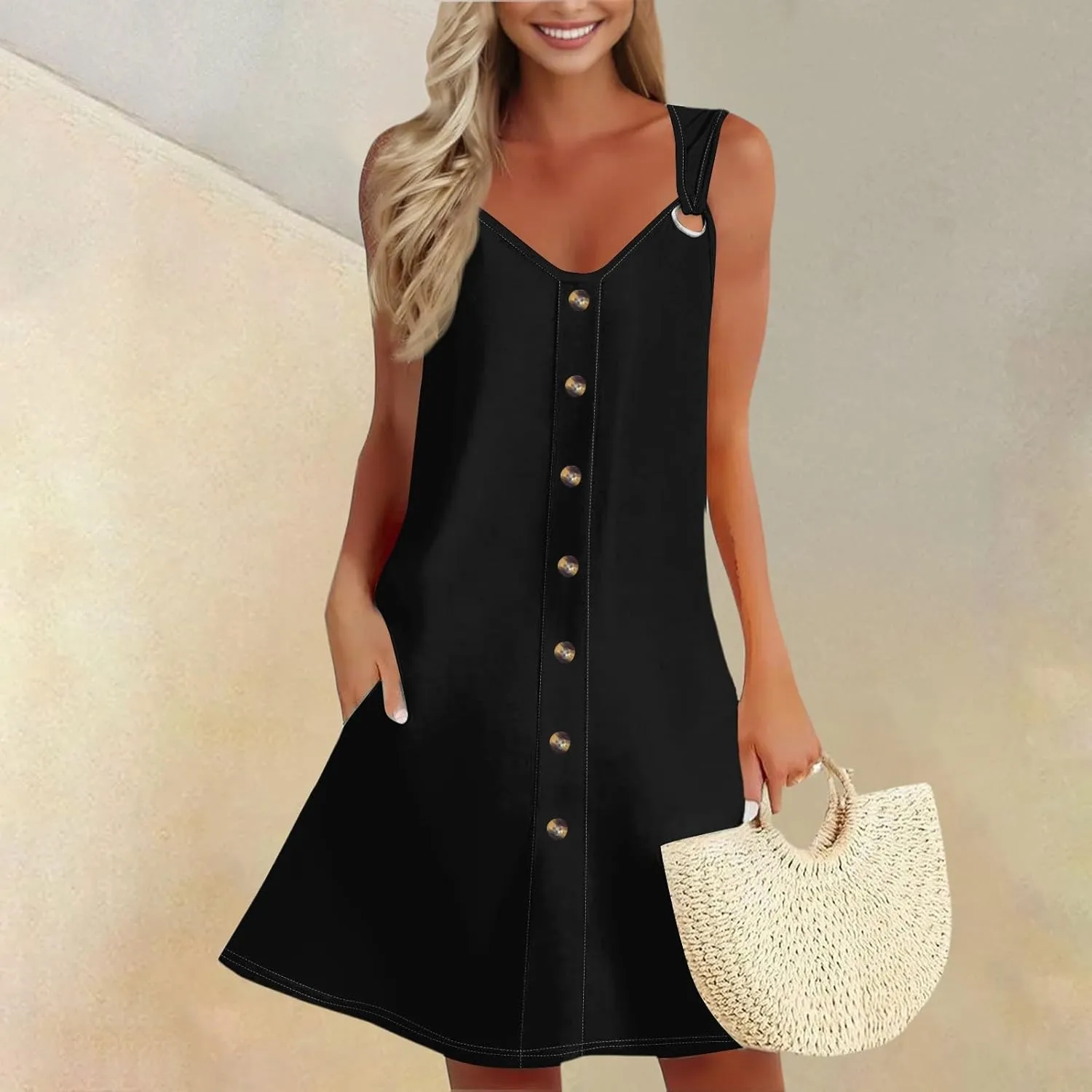 Women's Boho Summer Dresses 2025 Solid V Neck Button Down Sleeveless Tank Sundress with Pockets Mini Dresses, S-3XL
