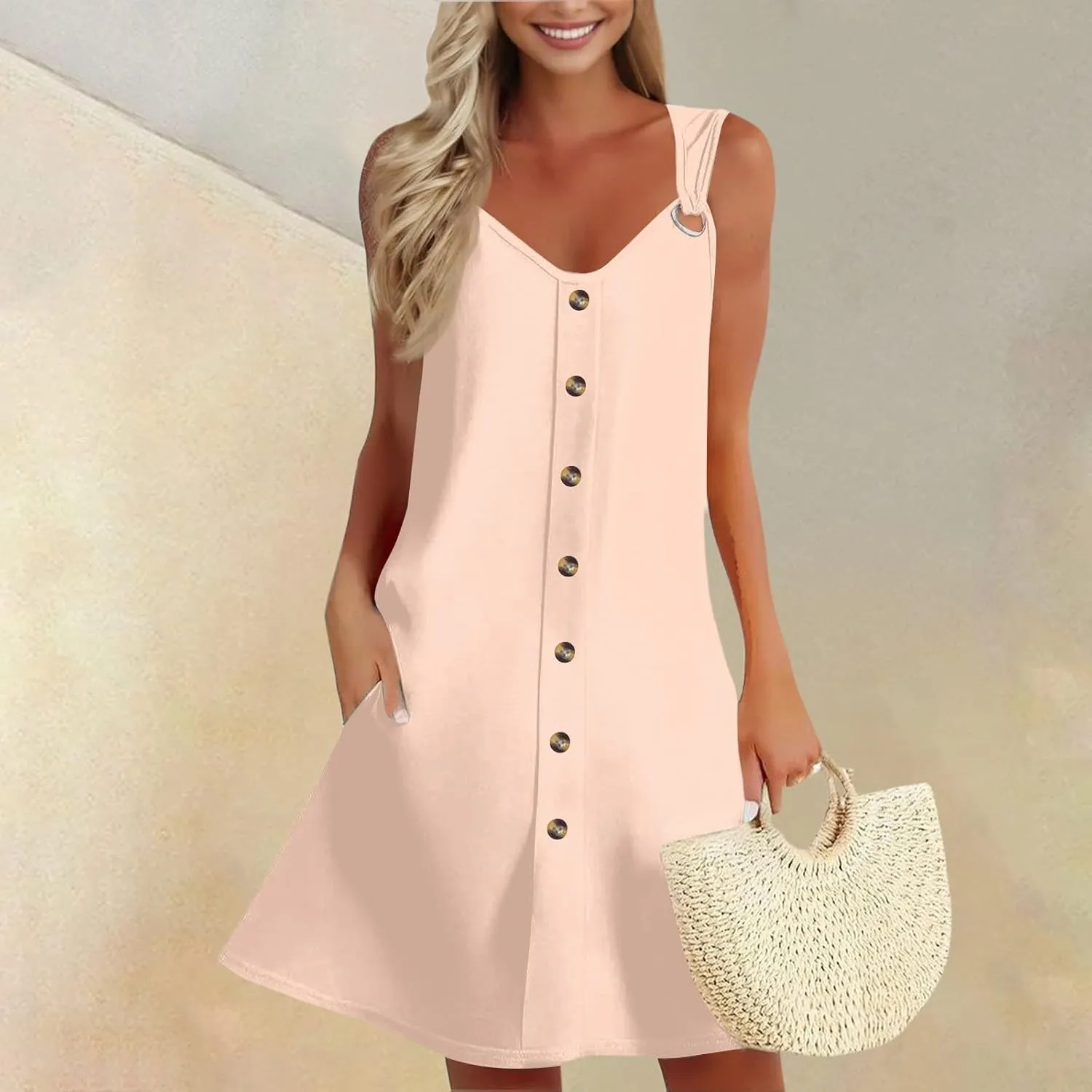 Women's Boho Summer Dresses 2025 Solid V Neck Button Down Sleeveless Tank Sundress with Pockets Mini Dresses, S-3XL