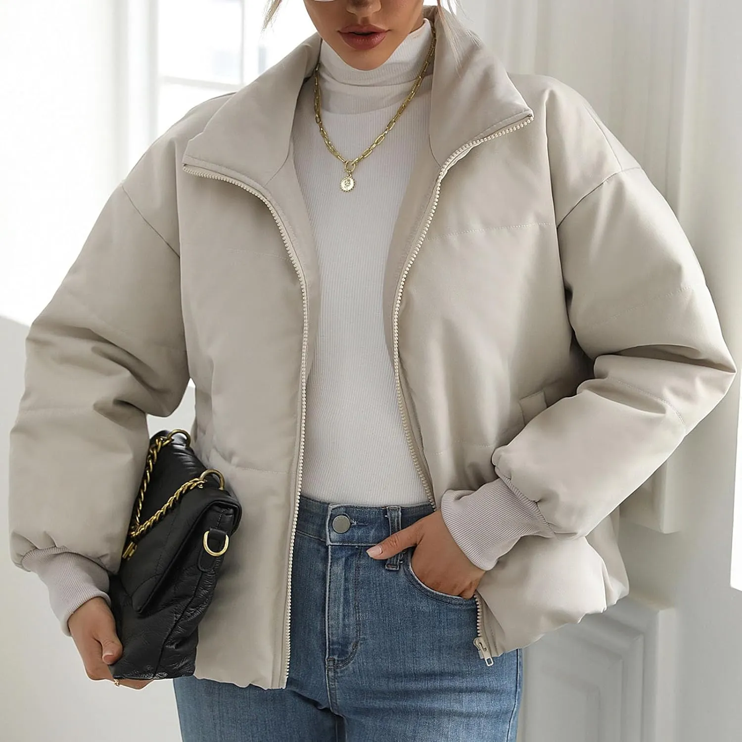 Womens Casual Lapel Puffer Jacket Quilted Lightweight Down Jackets Long Sleeve Zip Warm Winter Coats with Pockets