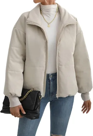 Womens Casual Lapel Puffer Jacket Quilted Lightweight Down Jackets Long Sleeve Zip Warm Winter Coats with Pockets