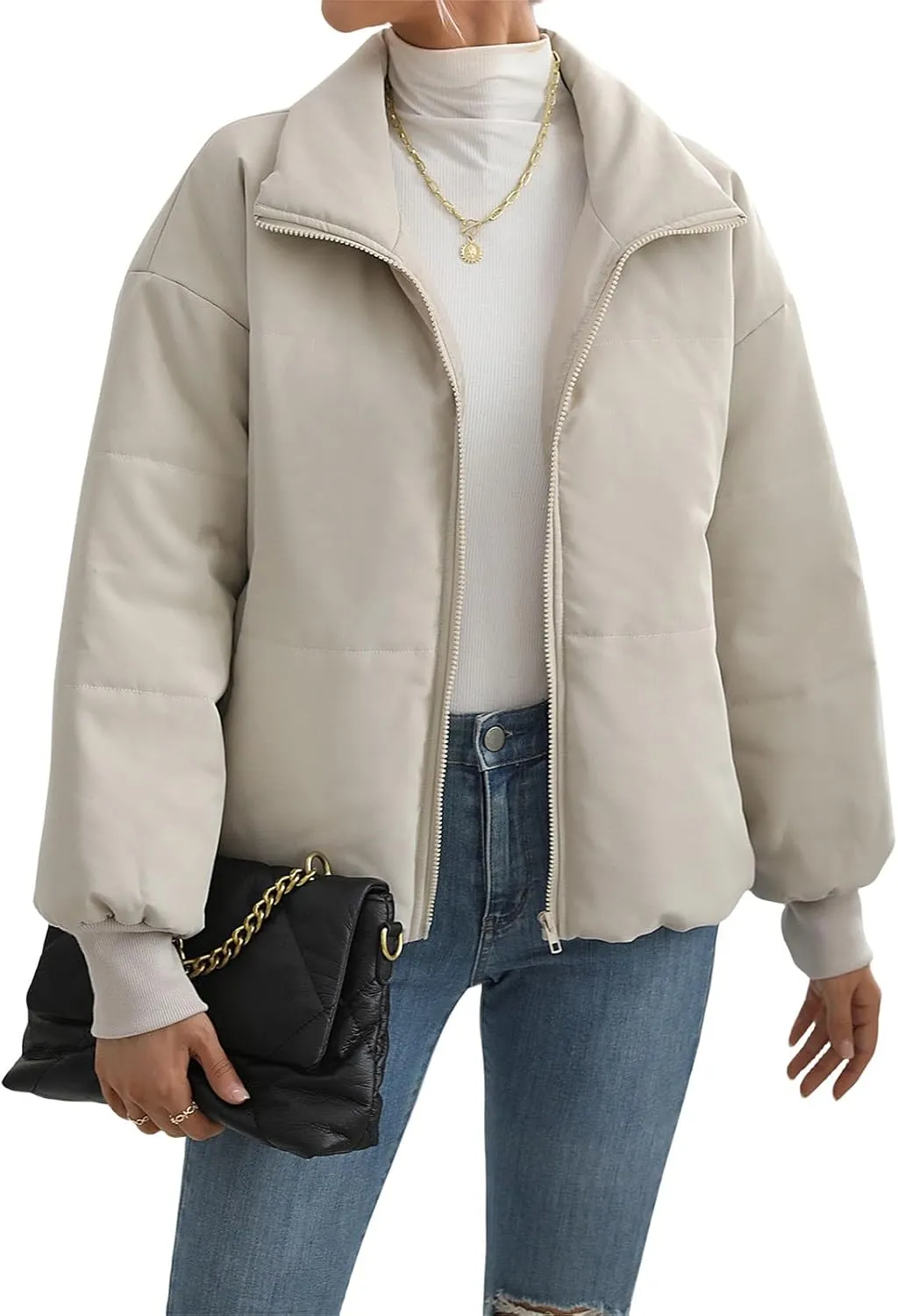 Womens Casual Lapel Puffer Jacket Quilted Lightweight Down Jackets Long Sleeve Zip Warm Winter Coats with Pockets