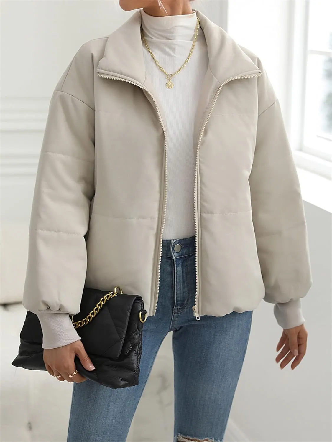 Womens Casual Lapel Puffer Jacket Quilted Lightweight Down Jackets Long Sleeve Zip Warm Winter Coats with Pockets