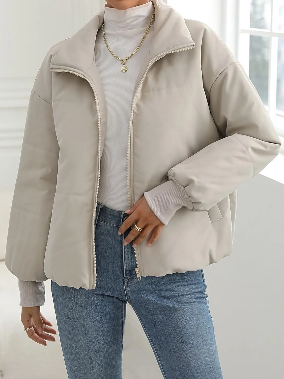 Womens Casual Lapel Puffer Jacket Quilted Lightweight Down Jackets Long Sleeve Zip Warm Winter Coats with Pockets