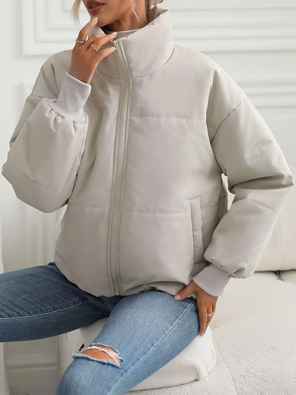 Womens Casual Lapel Puffer Jacket Quilted Lightweight Down Jackets Long Sleeve Zip Warm Winter Coats with Pockets