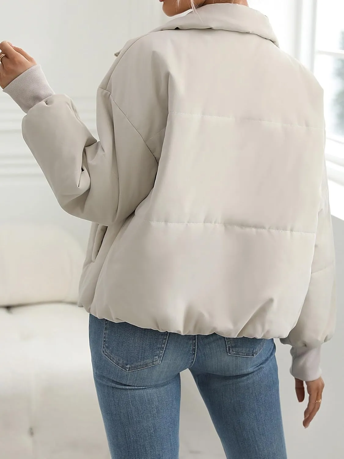 Womens Casual Lapel Puffer Jacket Quilted Lightweight Down Jackets Long Sleeve Zip Warm Winter Coats with Pockets