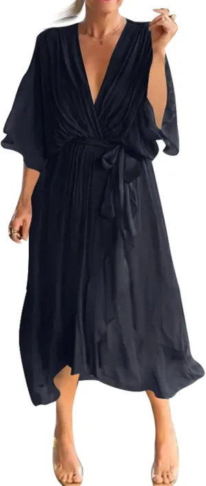 Women's Casual Wedding Guest Dresses 3/4 Ruffled Sleeve V Neck Gauze Loose A Line Light Irregular Midi Dress, S-5XL
