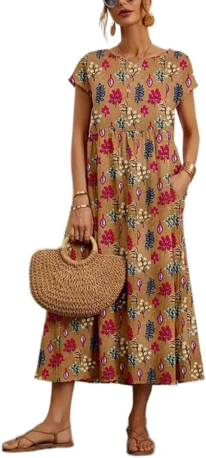 Womens Cotton Linen Boho Floral Maxi Dress Summer Short Sleeve Beach Vacation Flowy Long Dresses with Pockets