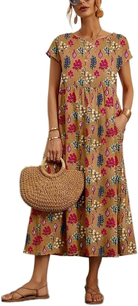 Womens Cotton Linen Boho Floral Maxi Dress Summer Short Sleeve Beach Vacation Flowy Long Dresses with Pockets