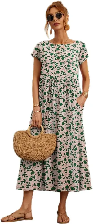 Womens Cotton Linen Boho Floral Maxi Dress Summer Short Sleeve Beach Vacation Flowy Long Dresses with Pockets