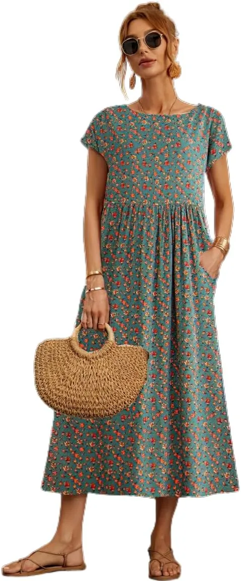 Womens Cotton Linen Boho Floral Maxi Dress Summer Short Sleeve Beach Vacation Flowy Long Dresses with Pockets