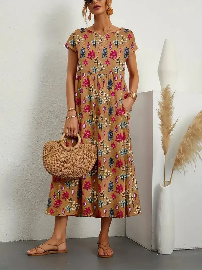 Womens Cotton Linen Boho Floral Maxi Dress Summer Short Sleeve Beach Vacation Flowy Long Dresses with Pockets