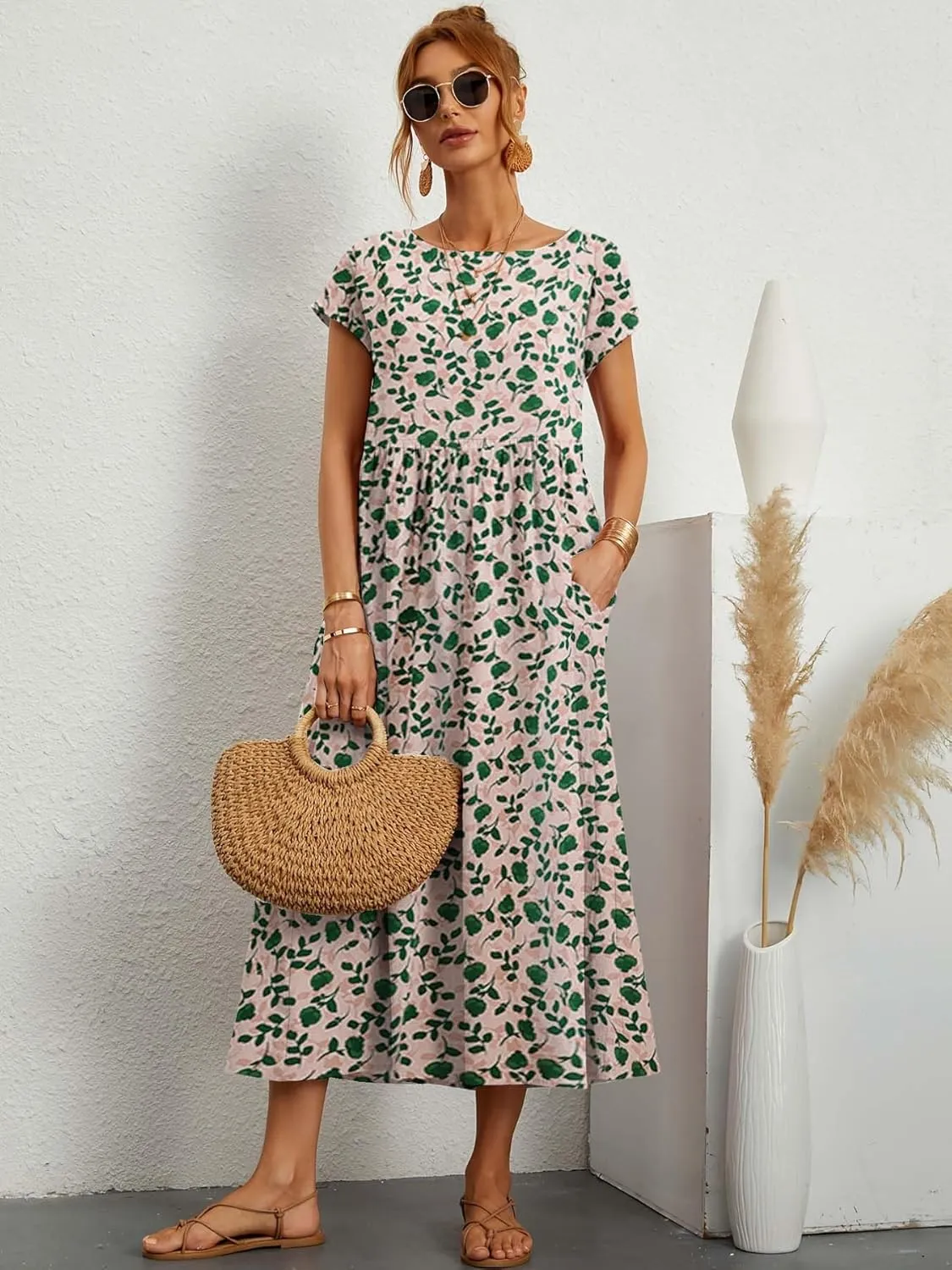 Womens Cotton Linen Boho Floral Maxi Dress Summer Short Sleeve Beach Vacation Flowy Long Dresses with Pockets