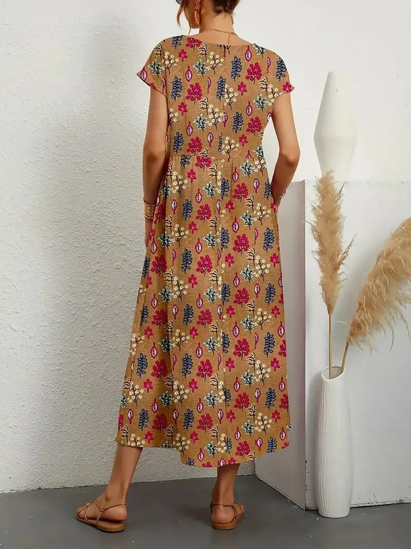 Womens Cotton Linen Boho Floral Maxi Dress Summer Short Sleeve Beach Vacation Flowy Long Dresses with Pockets