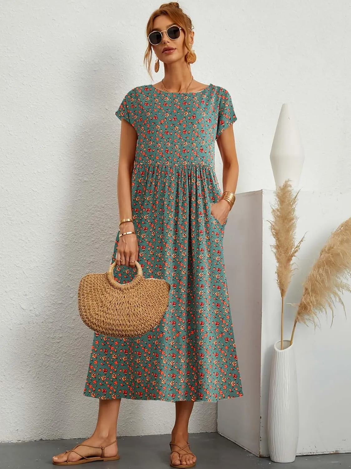 Womens Cotton Linen Boho Floral Maxi Dress Summer Short Sleeve Beach Vacation Flowy Long Dresses with Pockets