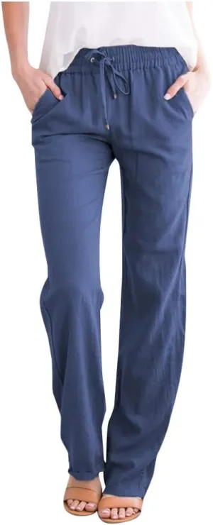 Women's Cotton Linen Pants Summer 2025 - Breathable Wide Leg Trousers with Elastic Waist, Lightweight Casual Comfort Slimming Palazzo Pants
