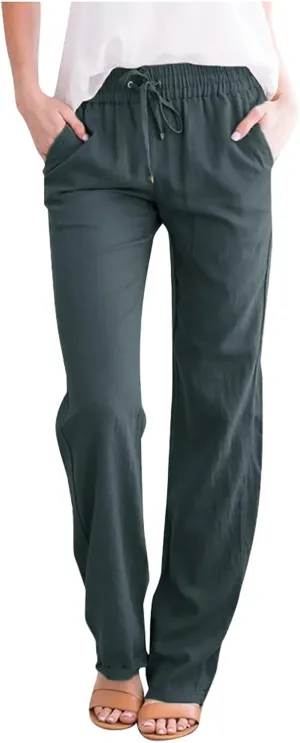 Women's Cotton Linen Pants Summer 2025 - Breathable Wide Leg Trousers with Elastic Waist, Lightweight Casual Comfort Slimming Palazzo Pants