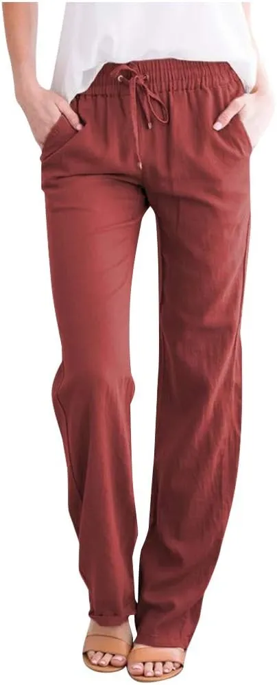Women's Cotton Linen Pants Summer 2025 - Breathable Wide Leg Trousers with Elastic Waist, Lightweight Casual Comfort Slimming Palazzo Pants