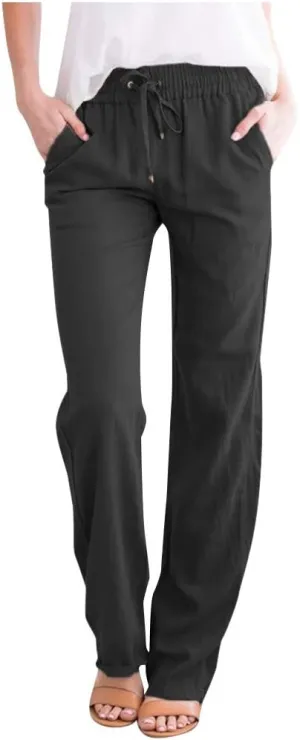 Women's Cotton Linen Pants Summer 2025 - Breathable Wide Leg Trousers with Elastic Waist, Lightweight Casual Comfort Slimming Palazzo Pants