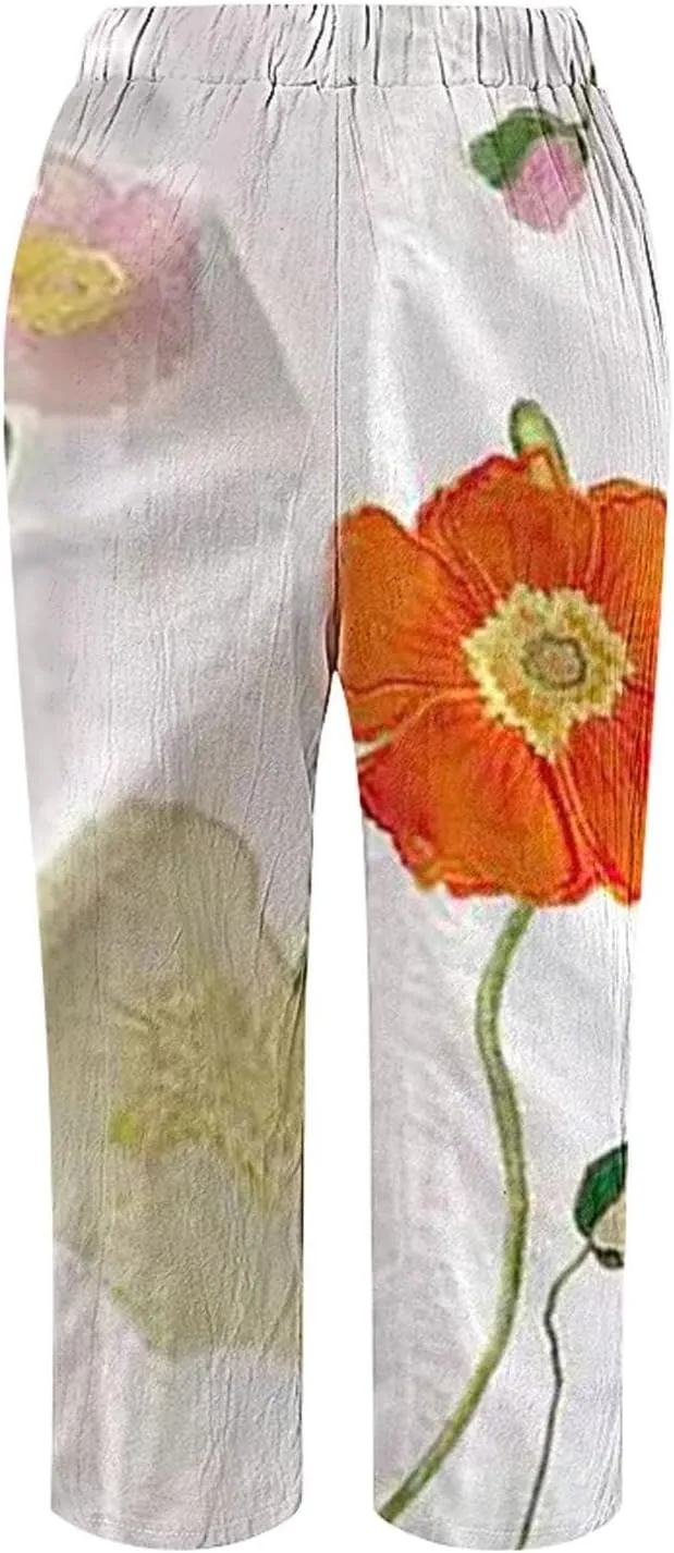 Women's Cotton Linen Summer Palazzo Pants Pants Baggy Comfort Trousers with Pocket Linen Capri Pants Women Summer