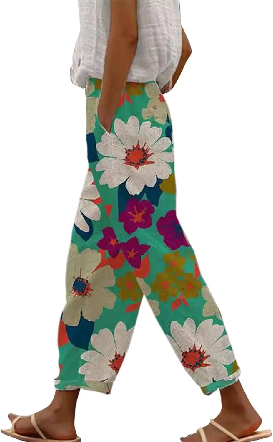 Women's Cotton Linen Summer Palazzo Pants Pants Baggy Comfort Trousers with Pocket Linen Capri Pants Women Summer